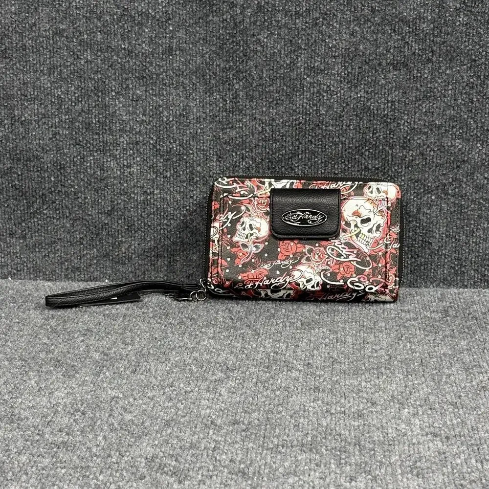 Ed Hardy Wallet Wristlet Womens One Size Black Skull Rose Tattoo Zip Around